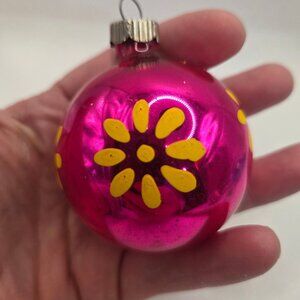 Vintage Shiny Brite Pink yellow painted flower Glass Christmas Ornament Hand